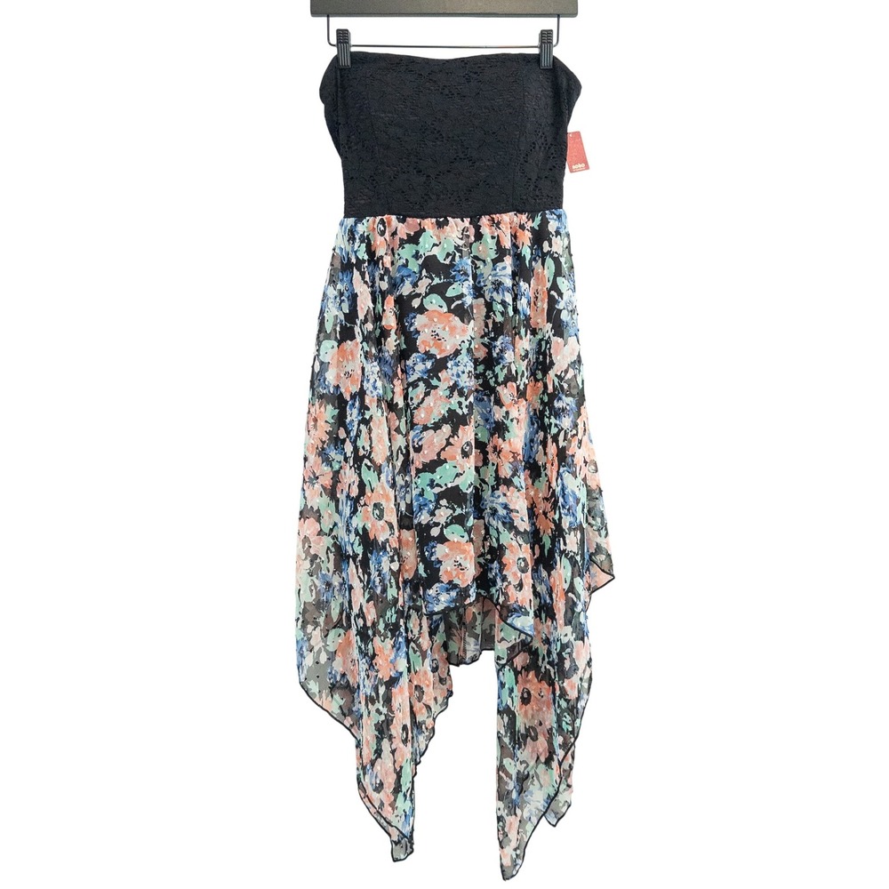 No Boundaries Strapless Handkerchief Dress L Black Floral Whimsigoth Midi NWT